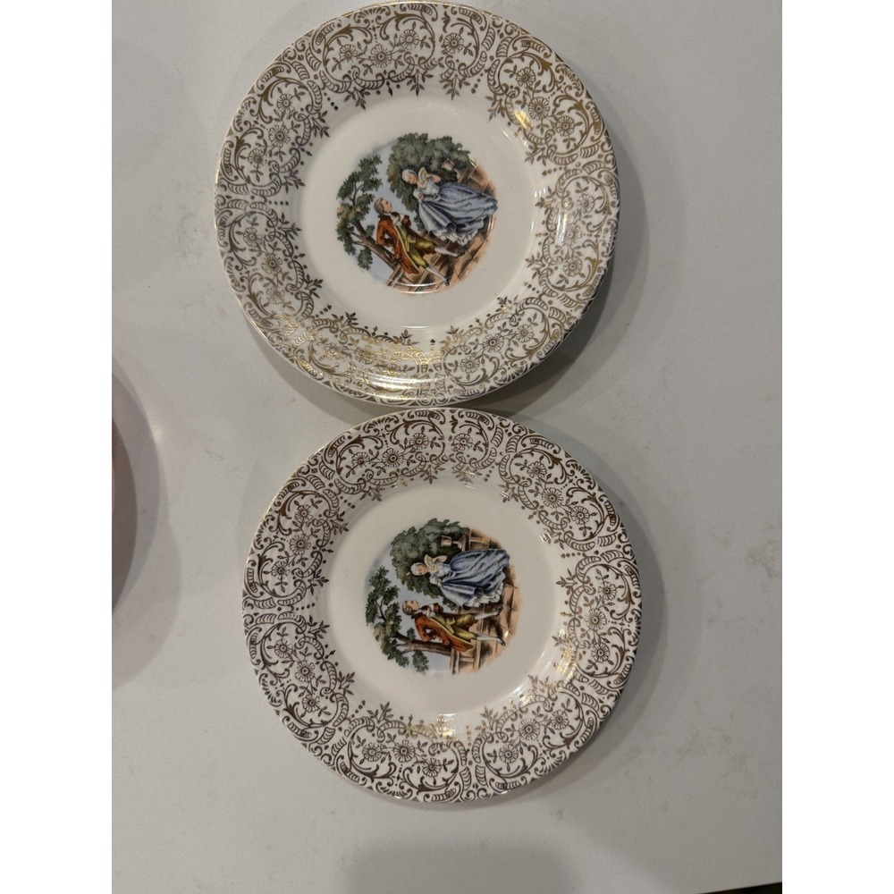 Vintage Ceramic Fruit Bowl and Saucer Set Gold Filigree Courting Couple 4pc - Picture 4 of 4